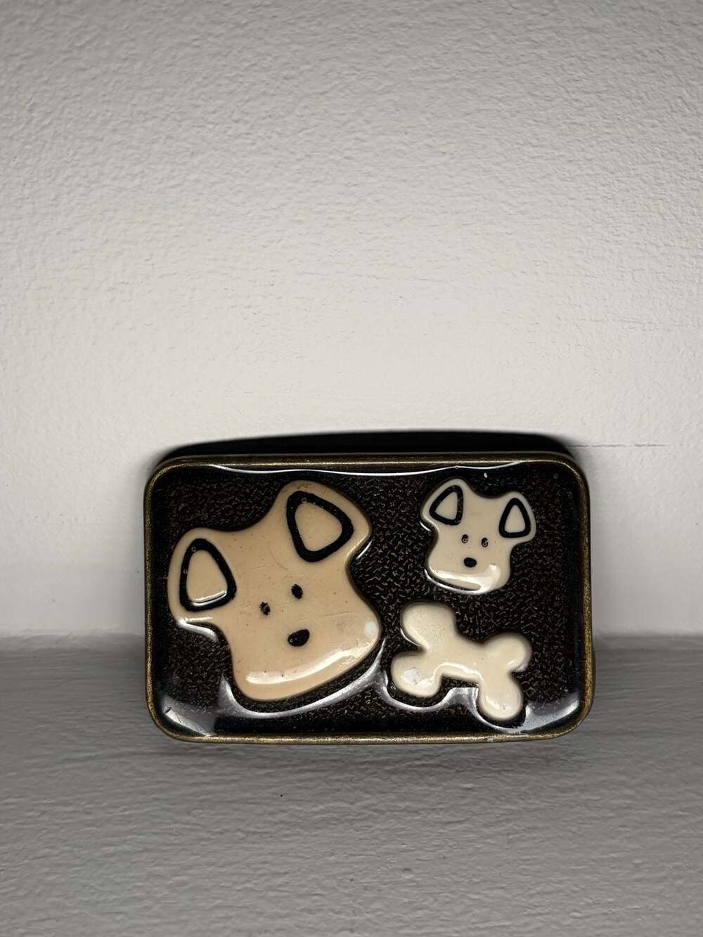 Vintage Brass Belt Buckle Enamel Dog and Bone Design